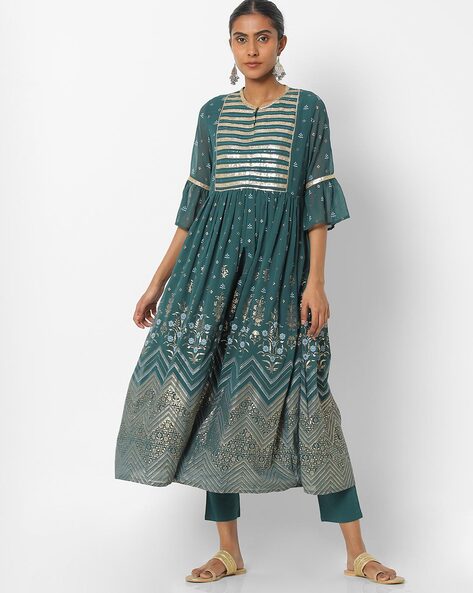 Printed Flared Kurta with Cropped Pants