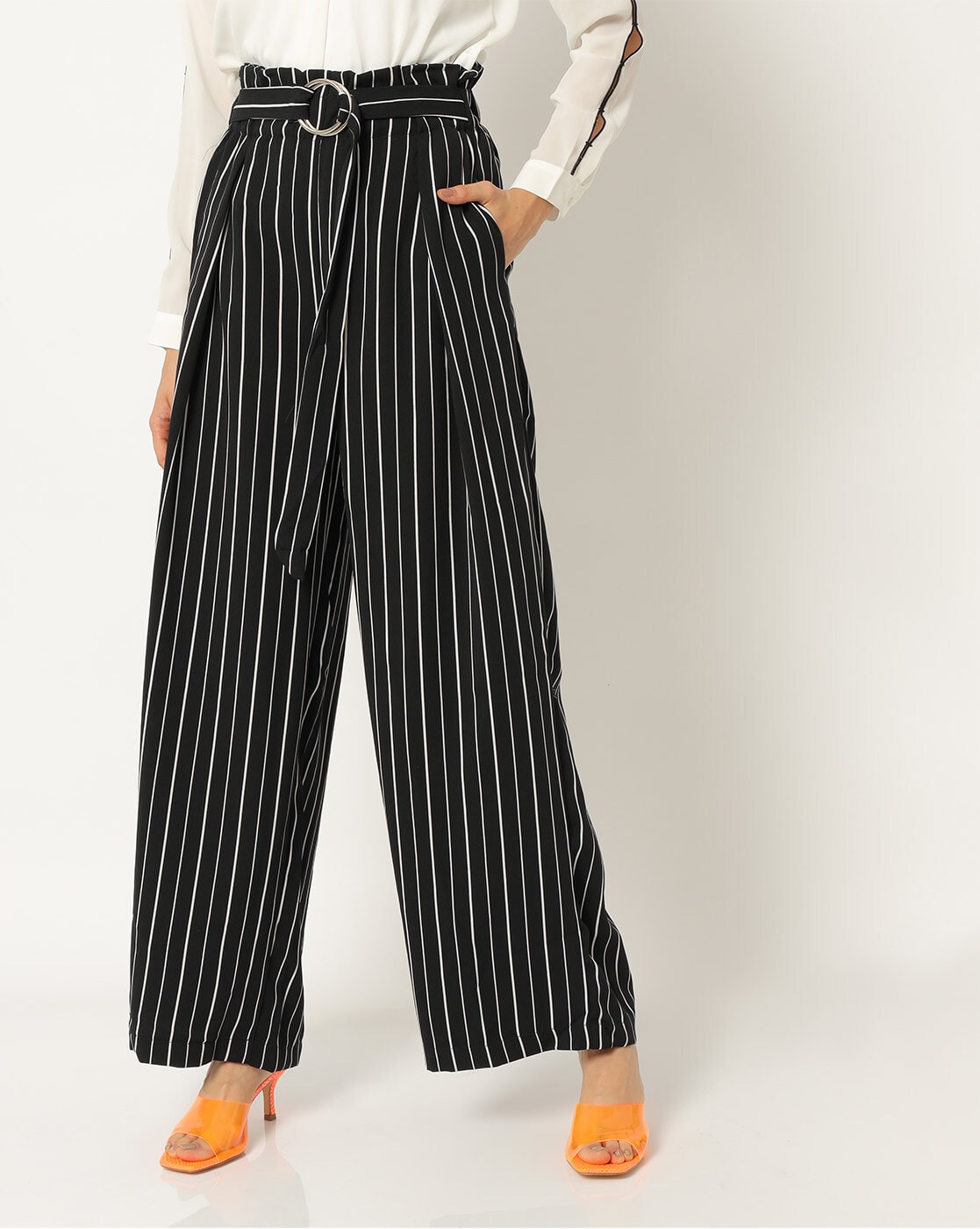 River Island tapered trousers with ring detail in black stripe  ASOS