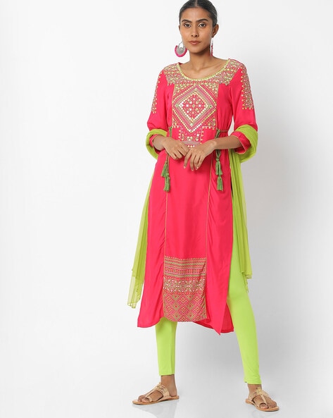 Embroidered Rayon Cotton Kurta with Leggings Set. (Red,Black) - Aishani  collection