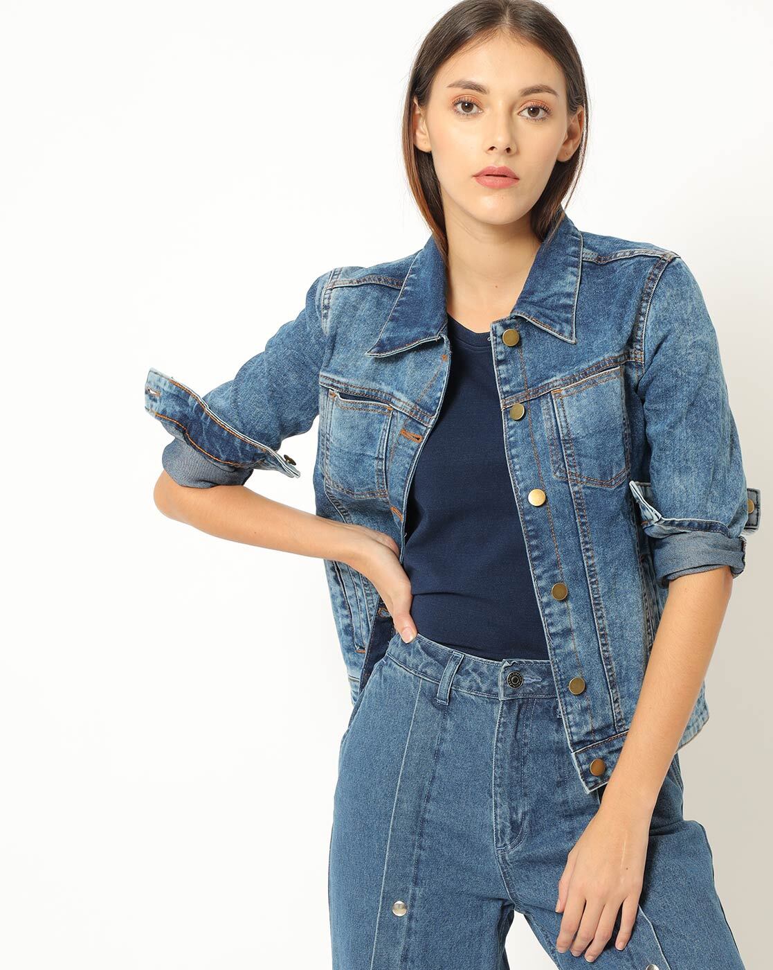 Buy online Spread Collar Solid Denim Jacket from jackets and blazers and  coats for Women by Showoff for ₹1419 at 65% off | 2024 Limeroad.com