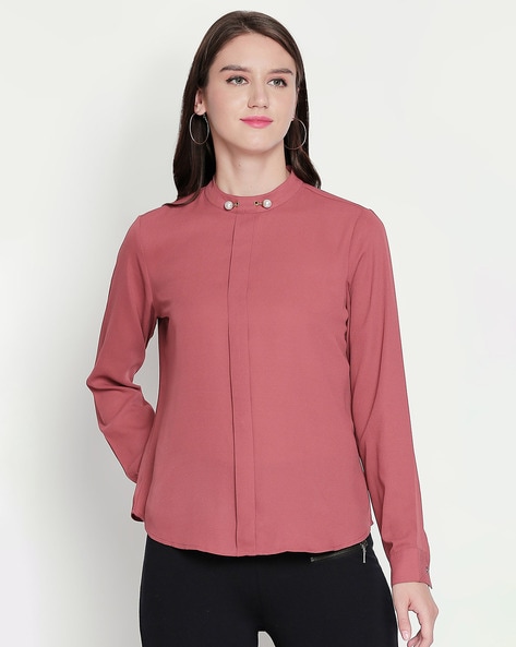 Embellished High-Neck Top with Pleats