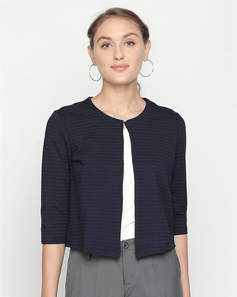 Striped Shrug with Button-Loop Closure