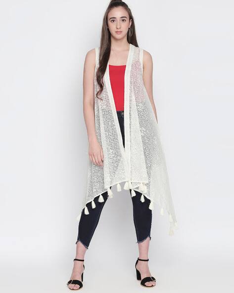 Open-Front Lace Shrug with Tassels