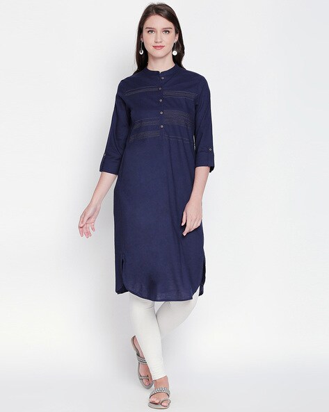 A-line Kurta with Thread-Work & Curved Hem