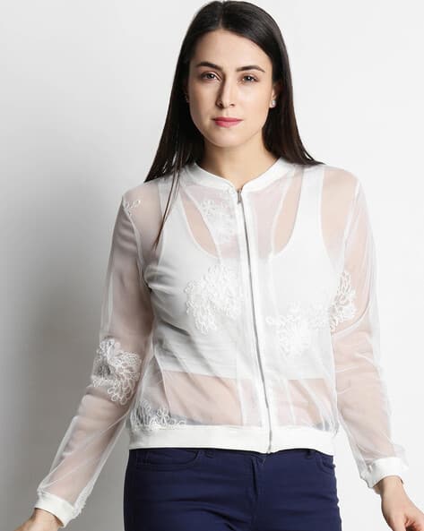 Textured Sheer-Through Zip-Front Jacket