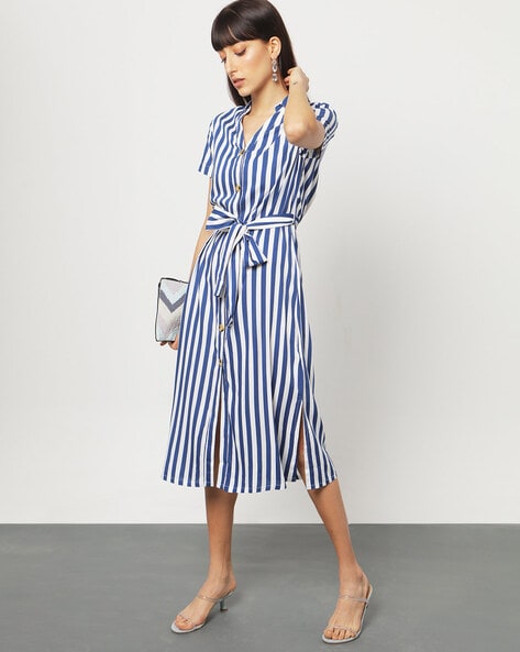 striped blue and white dress