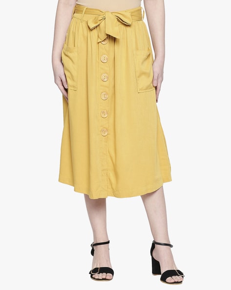 Women Solid Yellow High-Rise Flared Midi Skirt - Berrylush