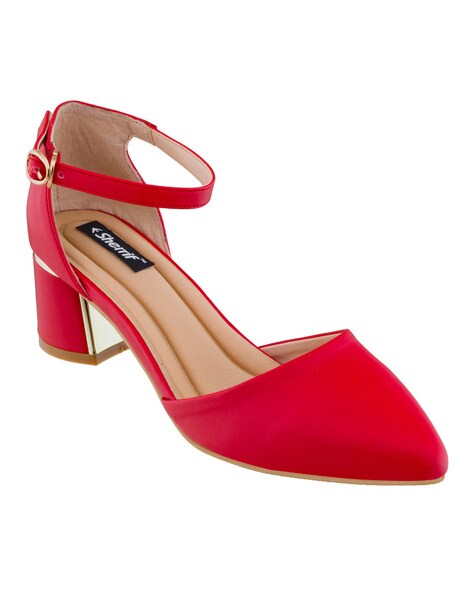 red pointed block heels