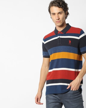 navy blue striped polo shirt