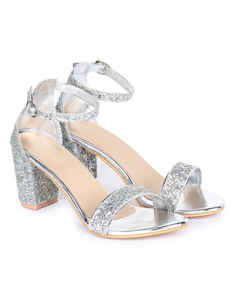 small silver block heels