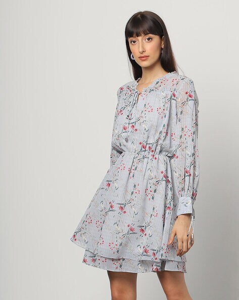 Women Floral Print Blue A-line Dress