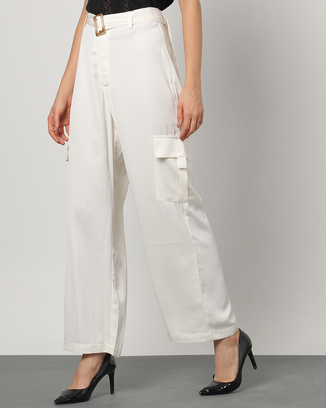 Women Wide-Leg Flat-Front White Cargo Pants