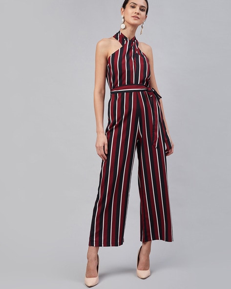 Maroon and sale white striped jumpsuit