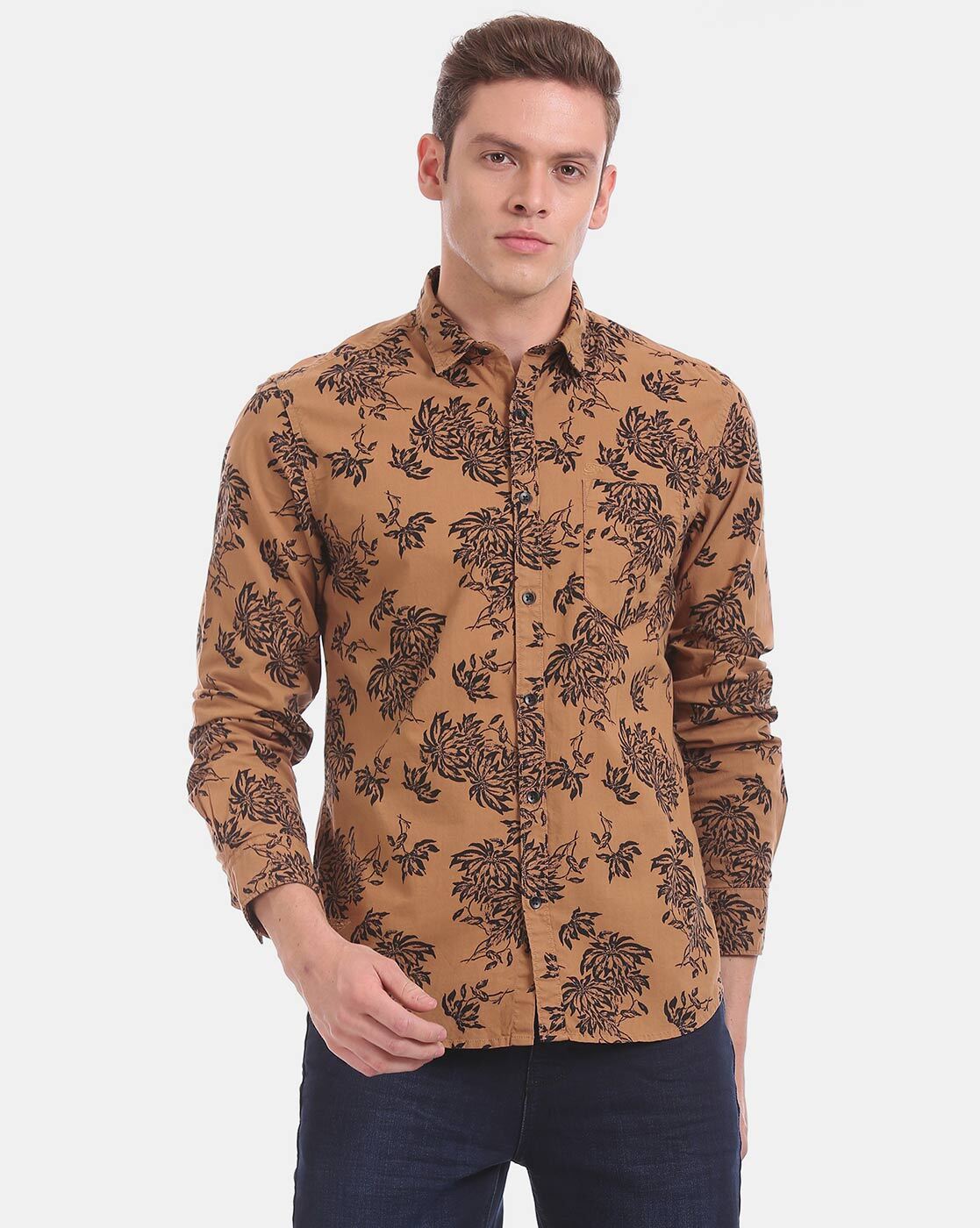 brown floral shirt