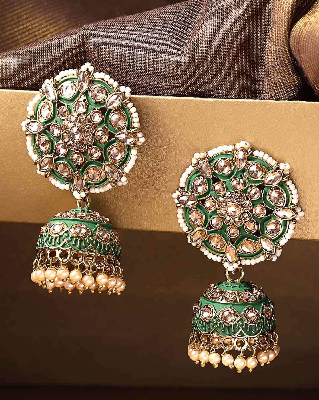 Buy Unique Gold Plated Green Emerald Stone Small Jhumkas Earring Online