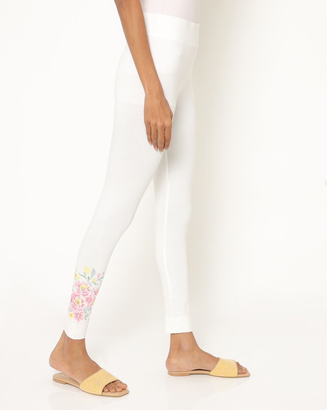 Off White Cotton Blend Solid Leggings