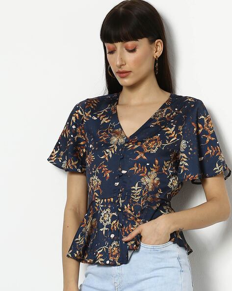 Floral Print Button-Down Peplum Top