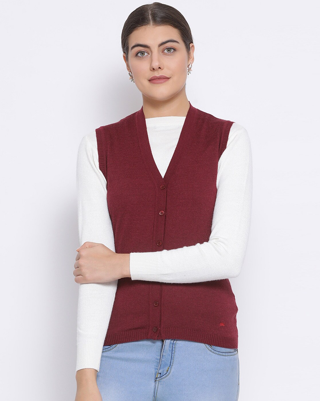 maroon sleeveless cardigan