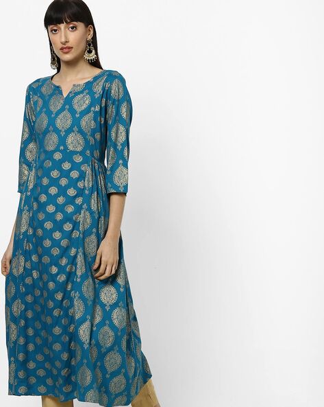 Printed Flared Kurta with Notched Neckline