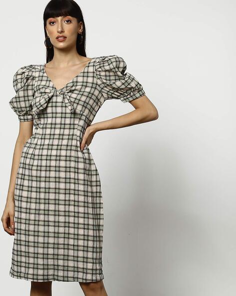 Women Checked V-neck Green Sheath Dress