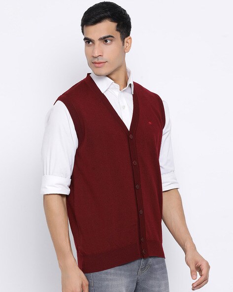 maroon sleeveless cardigan