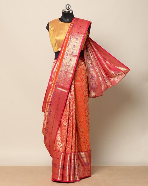 Indie Picks Orange South Silk Soft Brocade Wedding Saree