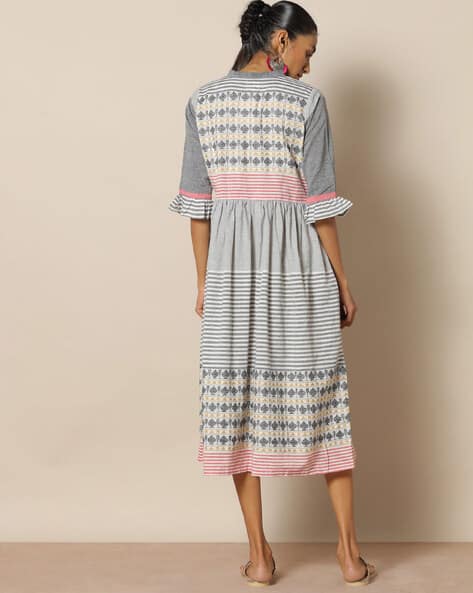 Striped South Cotton Fit & Flare Dress with Mandarin Collar (Image - 2)