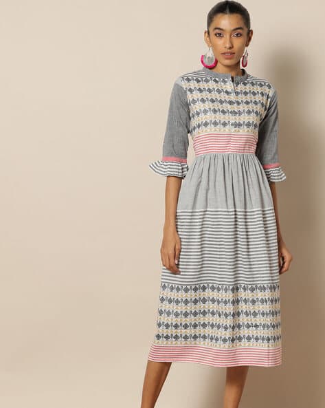 Striped South Cotton Fit & Flare Dress with Mandarin Collar (Image - 1)