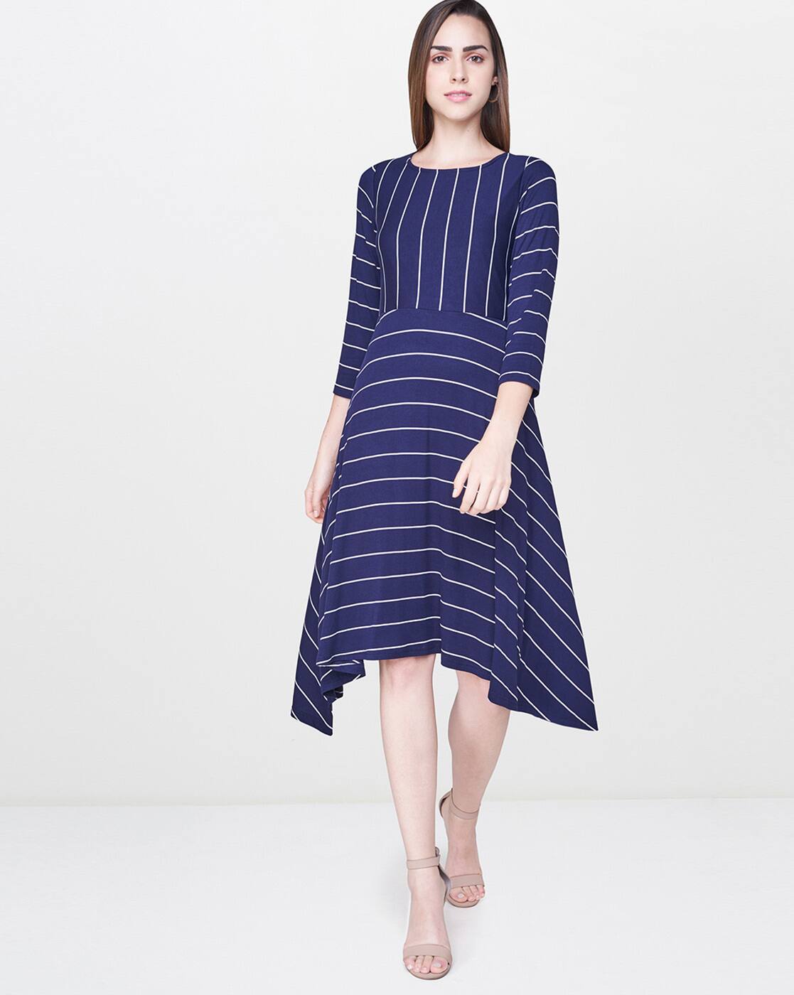 navy blue striped asymmetric dress