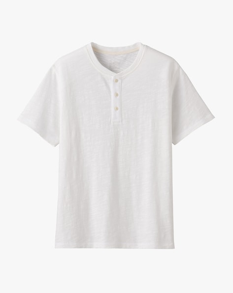 MUJI Men's Cool Touch Henley Neck Short Sleeve Woven T-Shirt