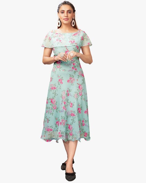 Floral Print A-line Dress with Overlay