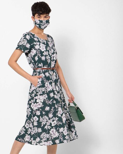 Floral Print A-line Midi Dress with Mask