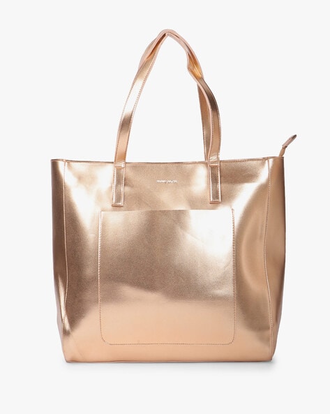 Gold Metallic Leather Gem-Embellished Top Handle Bag - CHARLES & KEITH IN