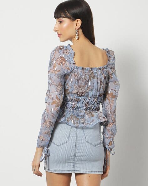Women Floral Print Ruched Blue Top (Image - 2)