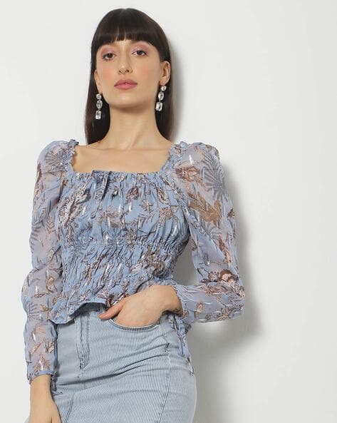 Women Floral Print Ruched Blue Top