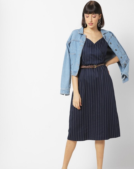 Striped Sheath Dress with Detachable Belt