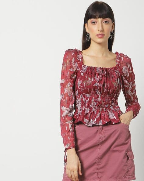 Women Floral Print Ruched Maroon Top (Image - 2)