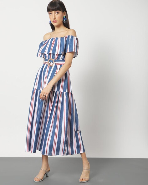 Women Striped Off-Shoulder Blue A-line Dress