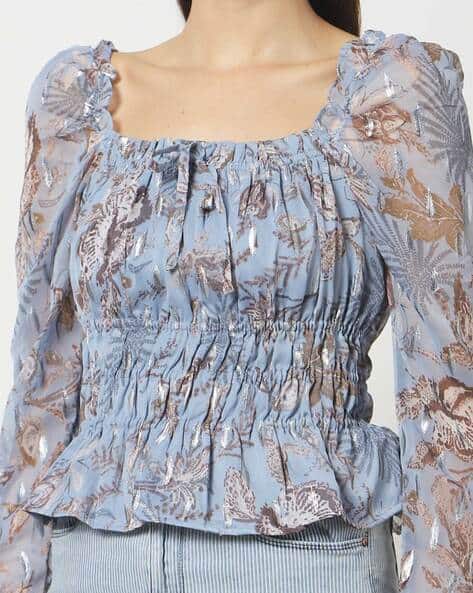 Women Floral Print Ruched Blue Top (Image - 1)