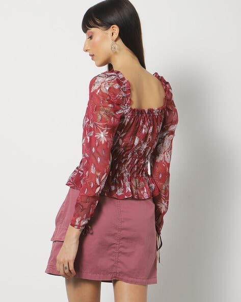Women Floral Print Ruched Maroon Top (Image - 1)
