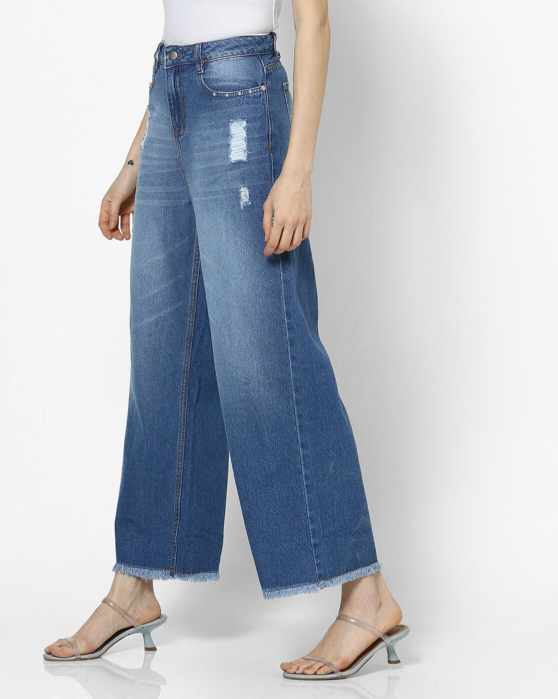 High-Rise Distressed Wide-Leg Jeans