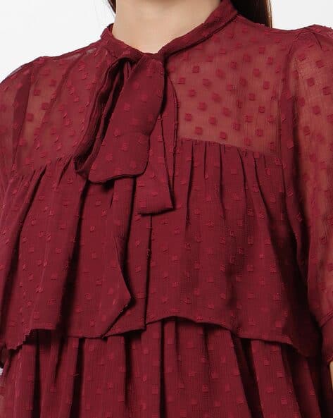 Women Layered Sheer Pussy Bow Maroon Blouson Top (Image - 1)