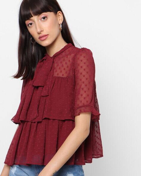 Women Layered Sheer Pussy Bow Maroon Blouson Top