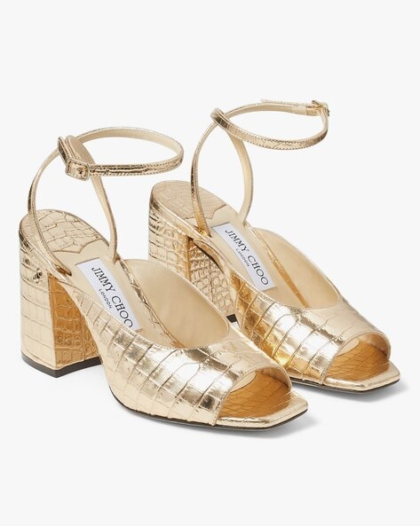 Buy Jimmy choo Jassidy 85 Croc Embossed Square Toe Sandals Gold