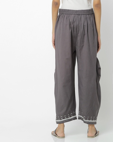 Grey Cotton Embroidered Stretchable Pants