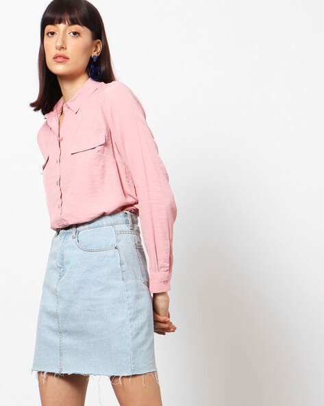 Pencil Skirt Pink Button Down Skirt Outfit Button Pink Shirt