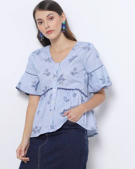 Women Floral Print Blue Peplum Top