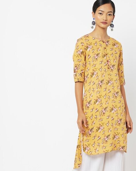 Floral Print Flared Kurta with High-Low Hem