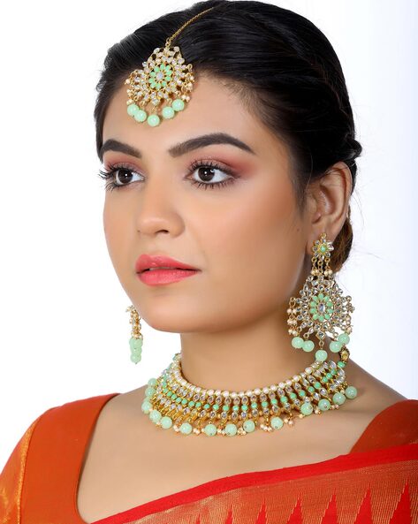 Buy OOMPH Mint Green Beads & Kundan Ethnic Choker Necklace Set with  Matching Earrings Online