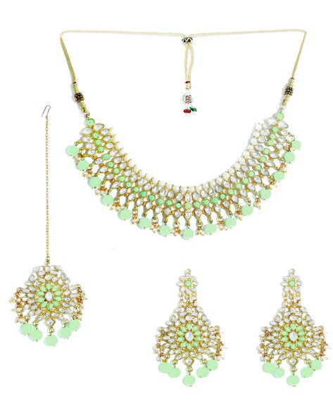 ZAVERI PEARLS Green Mirror & Beads Choker Necklace Earring Maangtikka &  Ring Set For Women-ZPFK11589 : Amazon.in: Fashion